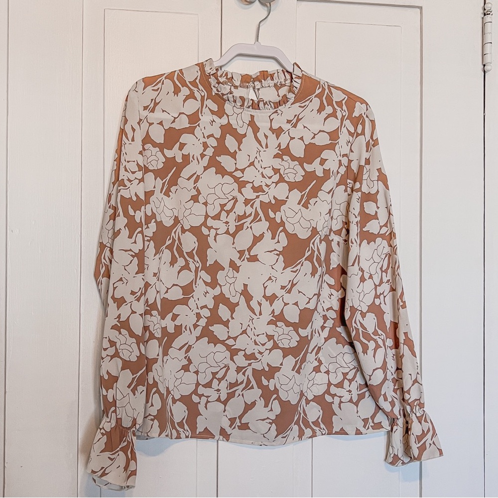 Nude and White Floral Ruffle Blouse